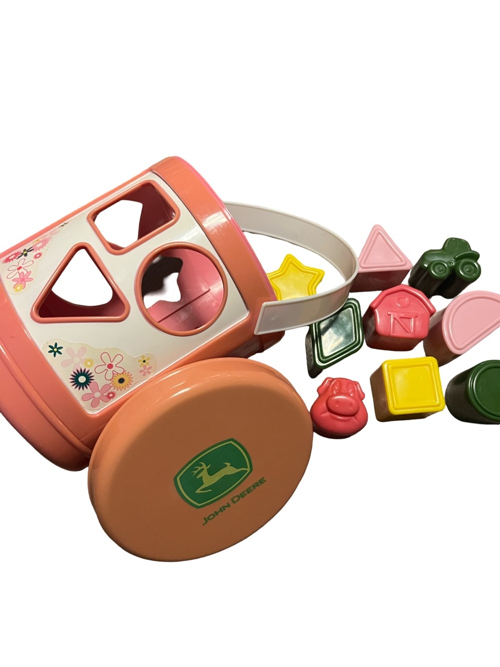 John Deere Peach & Pink Shape Sorter Bucket with Multicolor Shapes